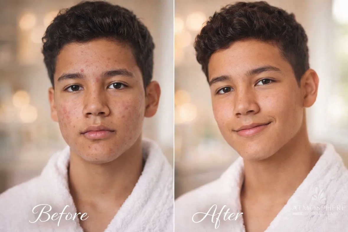 Supplied before-and-after client result image showing a person with short dark hair wearing a white robe; the artwork includes Before and After labels and Atmosphere Skin Sanctuary branding.