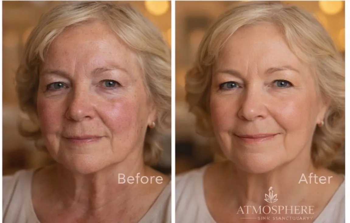 Supplied before-and-after client result image with original Before and After labels and Atmosphere Skin Sanctuary branding.