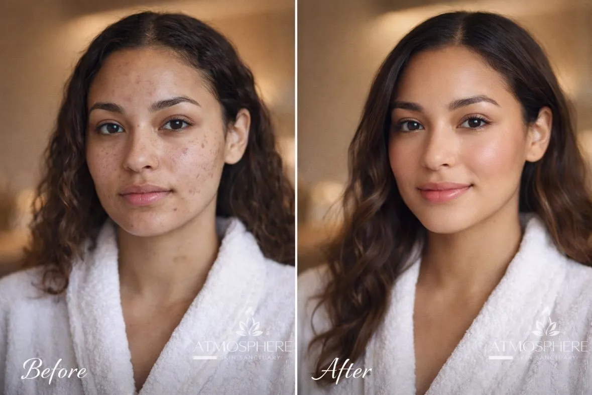 Supplied before-and-after client result image with original Before and After labels and Atmosphere Skin Sanctuary branding.
