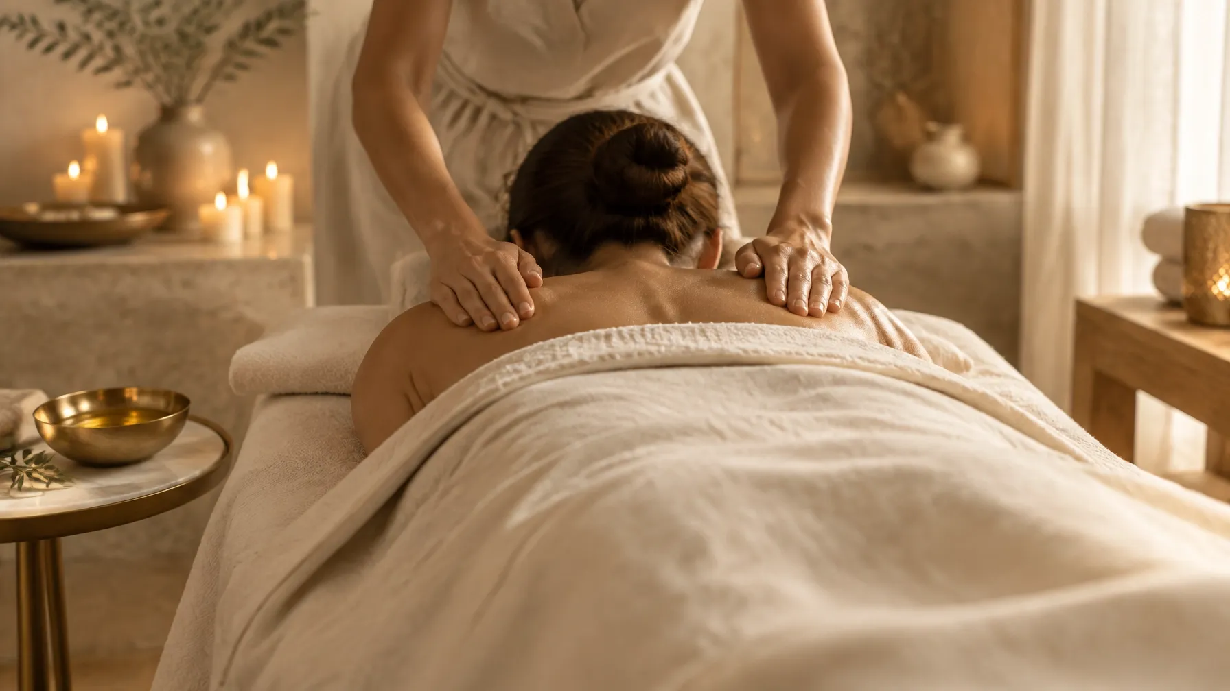 Therapist performing a therapeutic back massage at Atmosphere Skin Sanctuary™