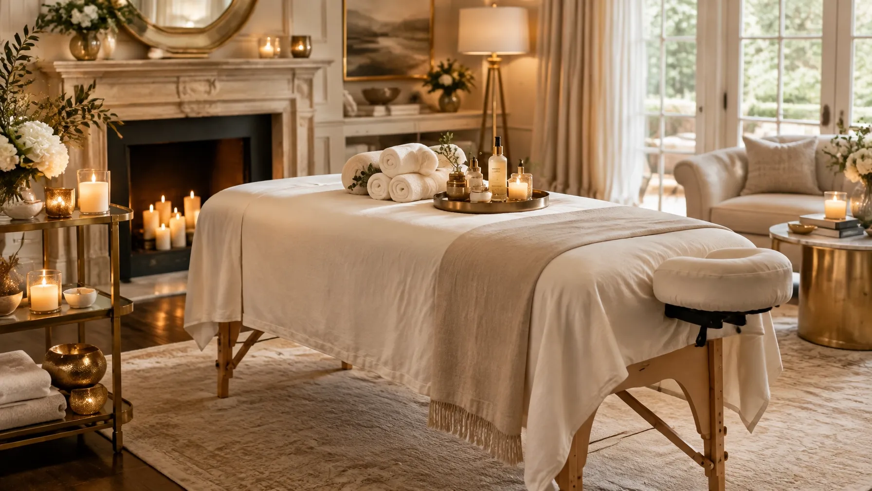 Mobile spa setup with a dressed treatment bed, towels, and skincare products from Atmosphere Skin Sanctuary™