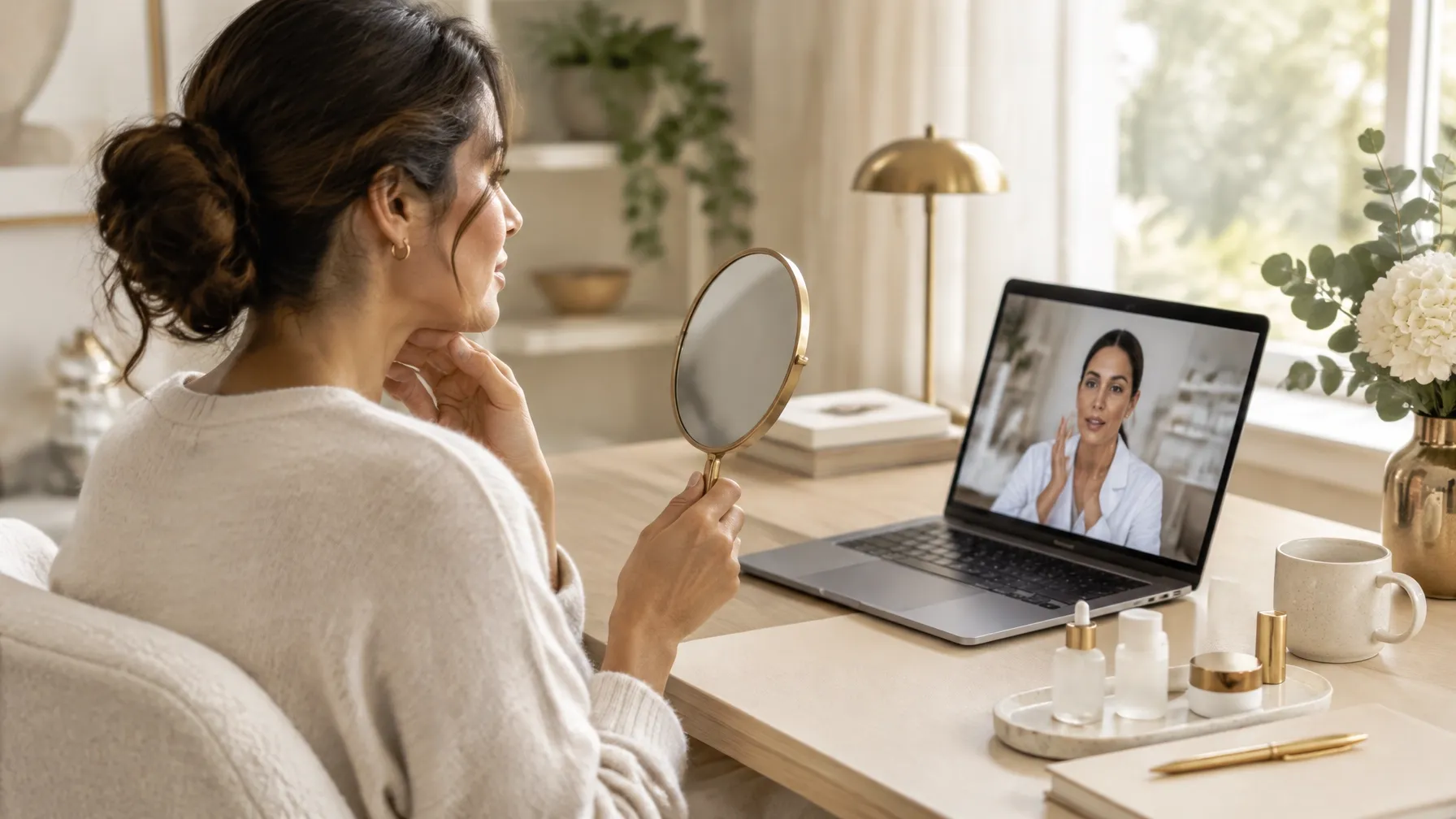 Woman holding a mirror during a live virtual skin consultation with Atmosphere Skin Sanctuary™